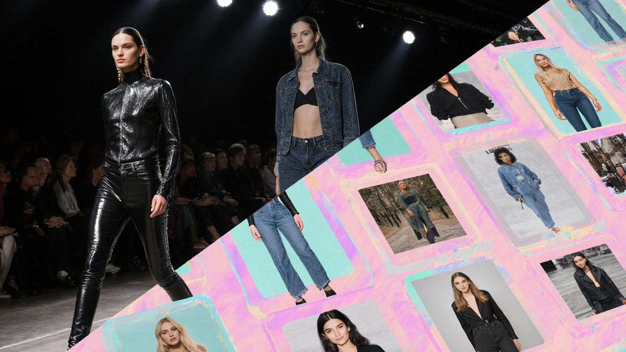 Collage of runway model in ultra‑skinny jeans and Instagram grid of denim trends.