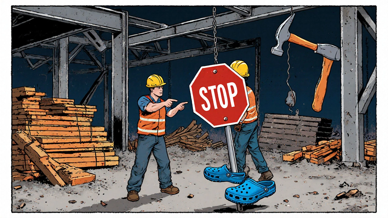 Construction foreman stops a worker wearing Crocs amid falling objects and safety signs.