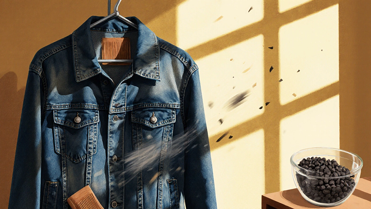 Denim jacket being shaken on a rack near a window with a cedar sachet in the pocket.