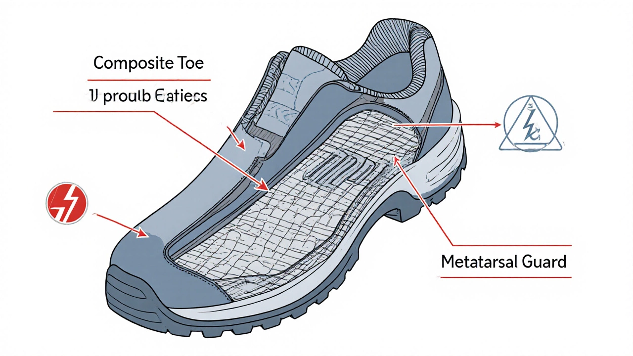 Exploded technical drawing of safety shoe components with toe cap and slip sole.