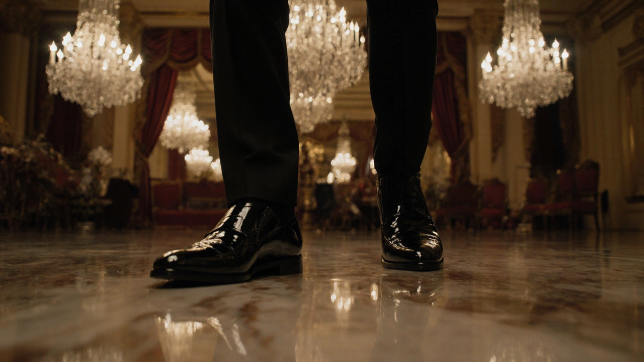 Figure in tuxedo walking on marble, patent leather shoes sparkling under chandeliers.