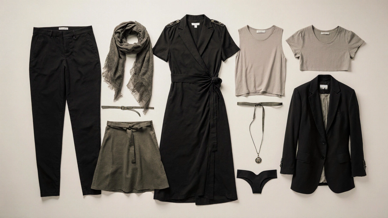 Flat lay of belly‑flattering wardrobe essentials on a neutral surface.
