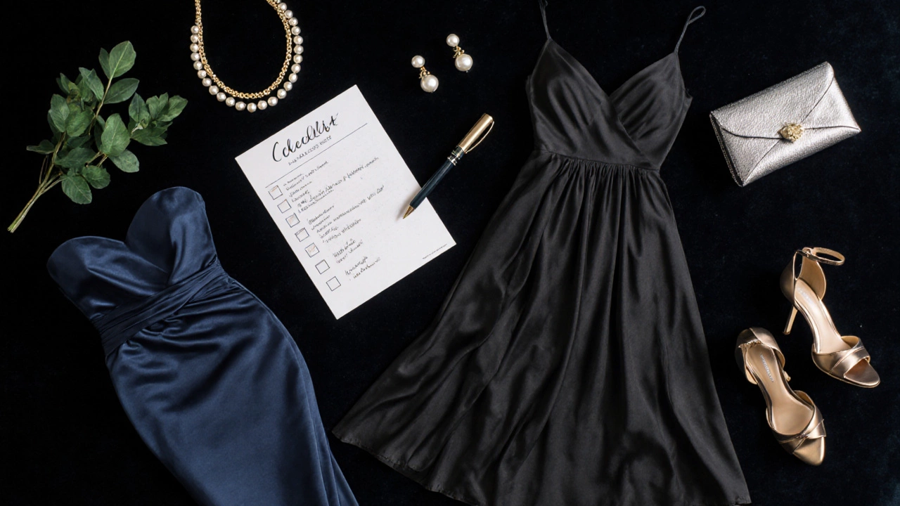 Flat‑lay of black and navy dresses with gold, silver, pearl, and emerald accessories.