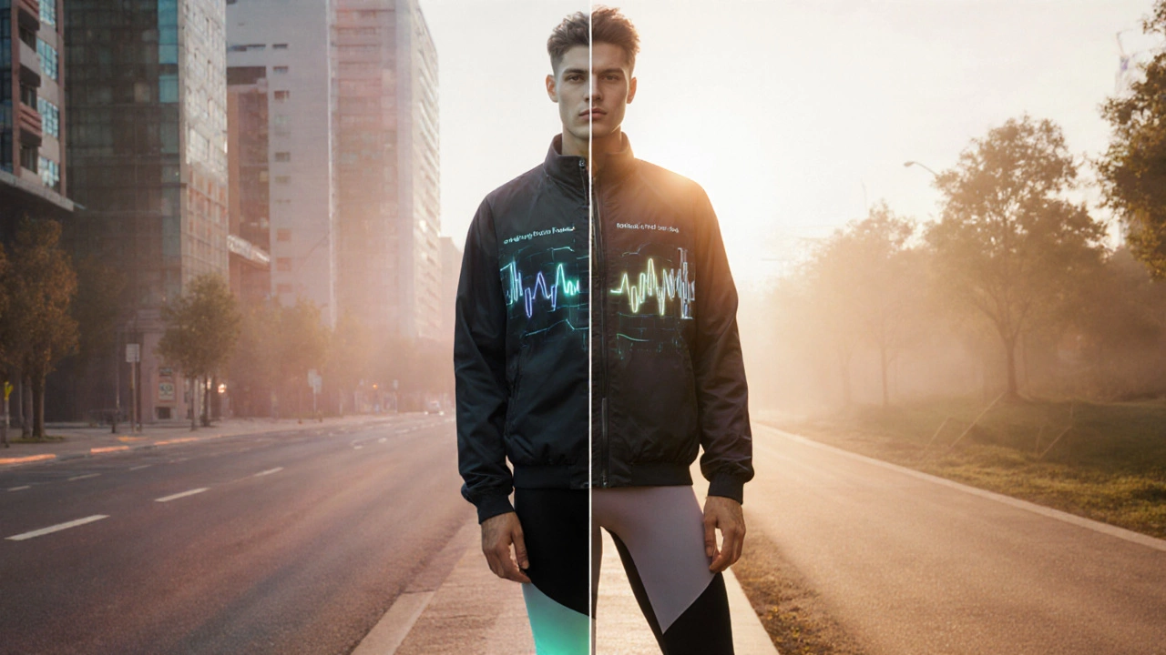 Futuristic hybrid outfit blending fashion and performance on a city‑trail border.