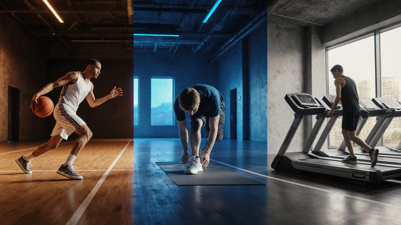 Gym divided into basketball, yoga, and treadmill zones showing different shoes.