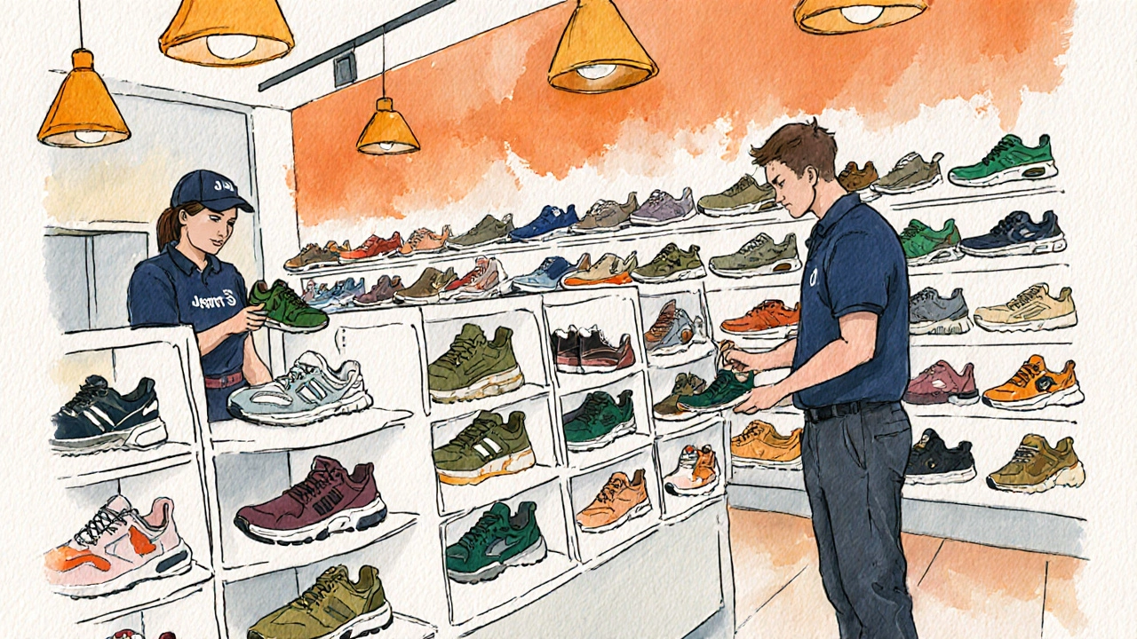Illustrated sneaker boutique interior with racks of trainers and a shopper picking a pair.
