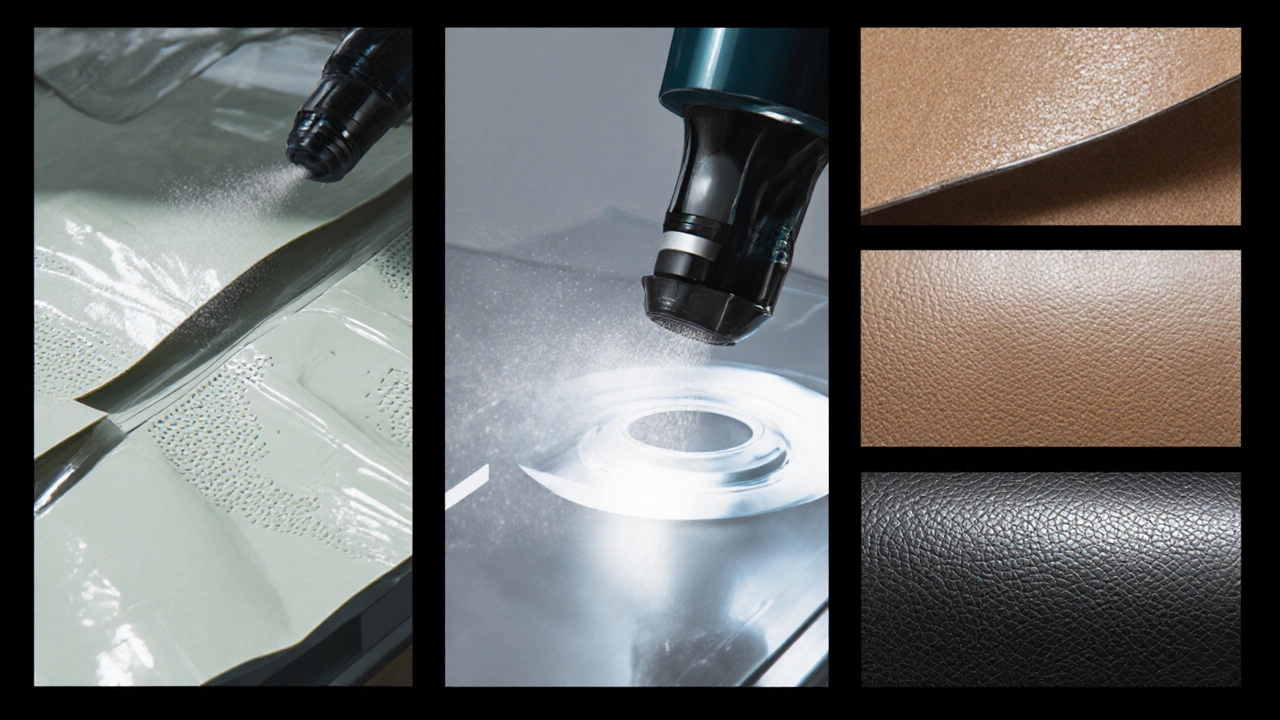 Illustration comparing glossy patent leather, matte suede, and grainy full‑grain textures.