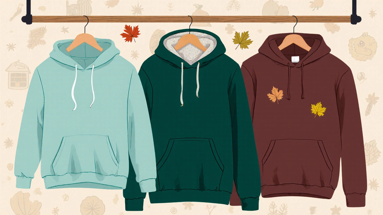 Illustration showing three hoodies of different thicknesses on a rack, representing 8, 12, and 16 oz weights.