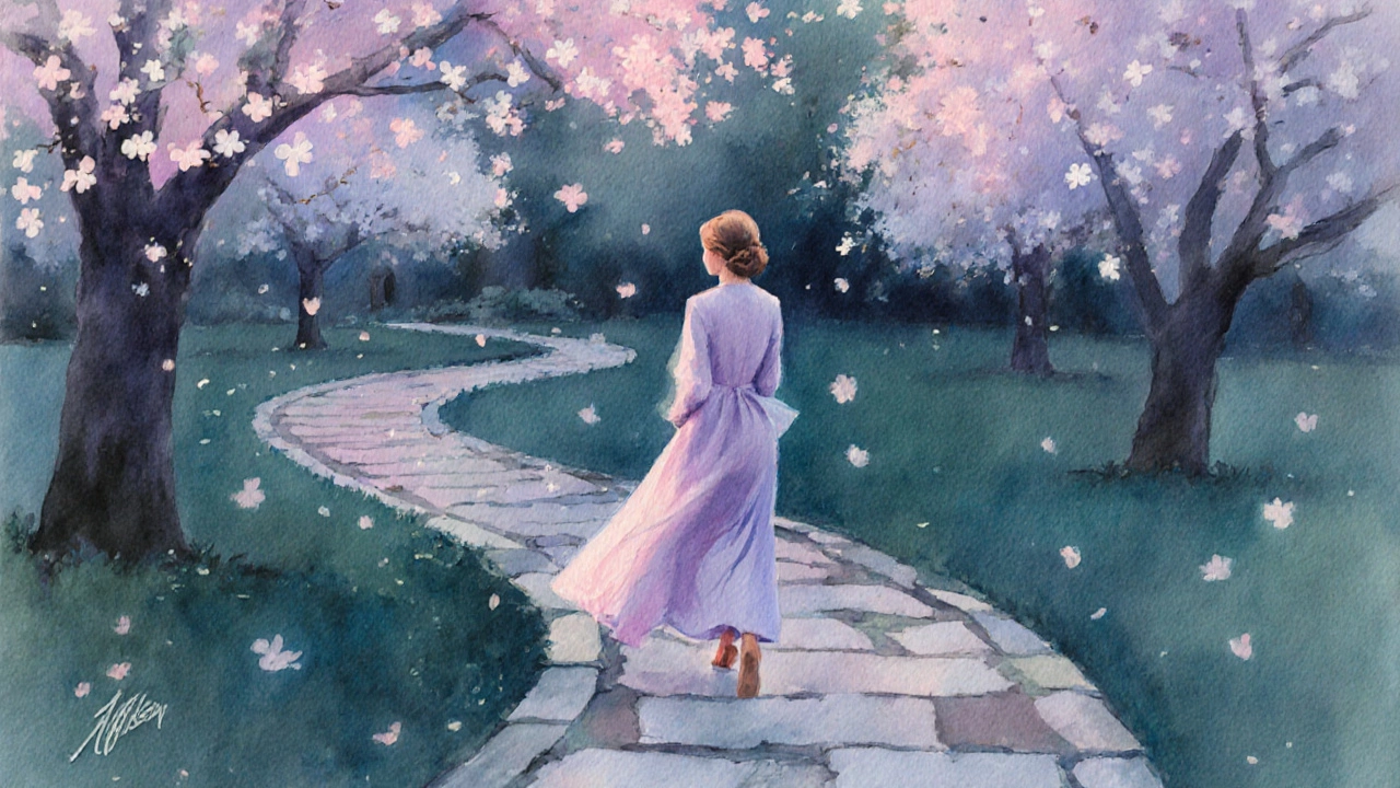 Kate walking in palace gardens at dusk, watercolor style with soft lighting.