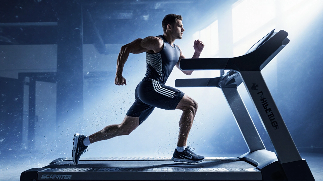 Male athlete sprinting in high‑tech sportswear inside a gym.