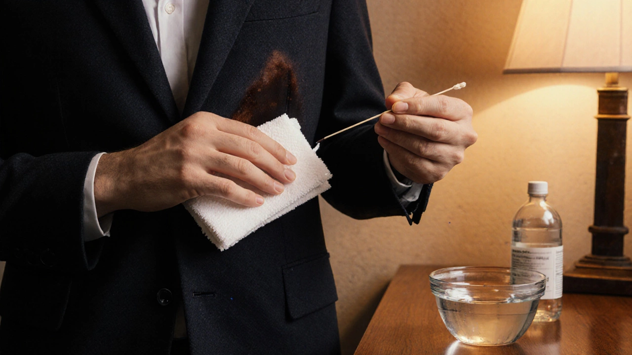 Man spot‑cleaning a coffee stain on a dark blazer with cloth and swab.