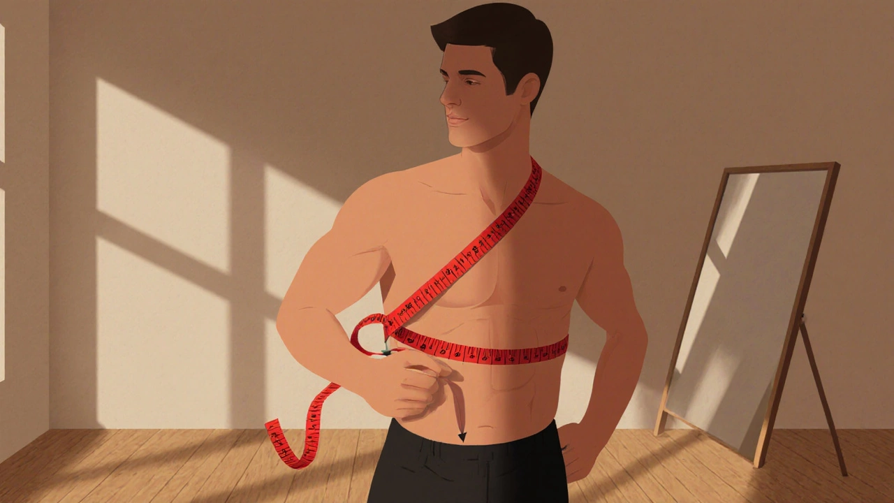 Man standing upright measuring his chest with a flexible tape measure.