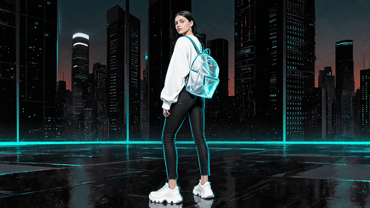 Model in matte black skinny jeans, white tech shirt, and white chunky sneakers beside neon city.