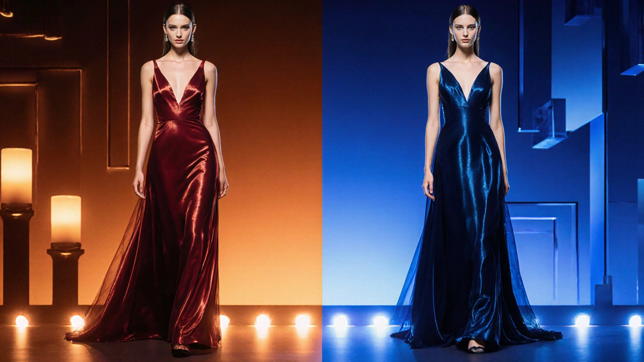 Model wearing burgundy dress in warm light and navy dress in cool light on split stage.