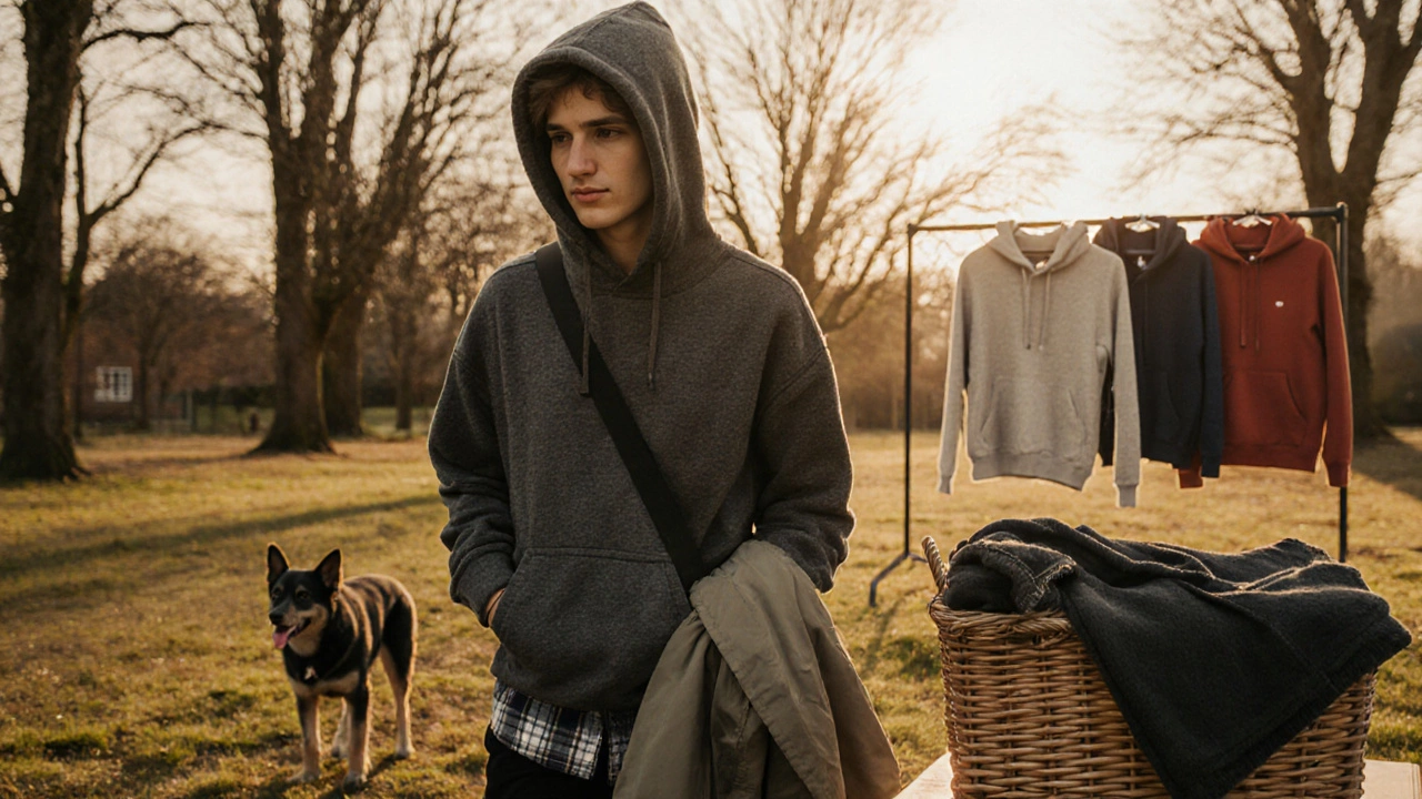 Person walking a dog in a park wearing a 12 oz hoodie, with a basket and drying rack nearby.