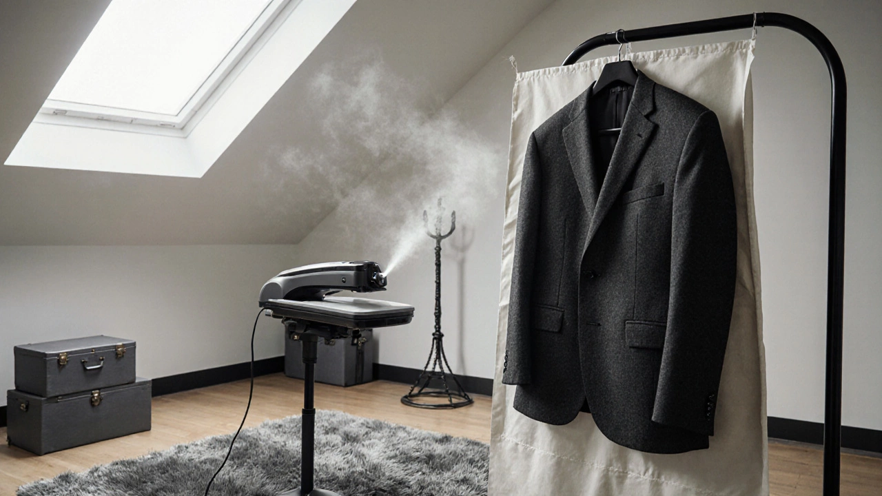 Pressed suit on a hanger with steam press and garment bag in a tidy dressing room.