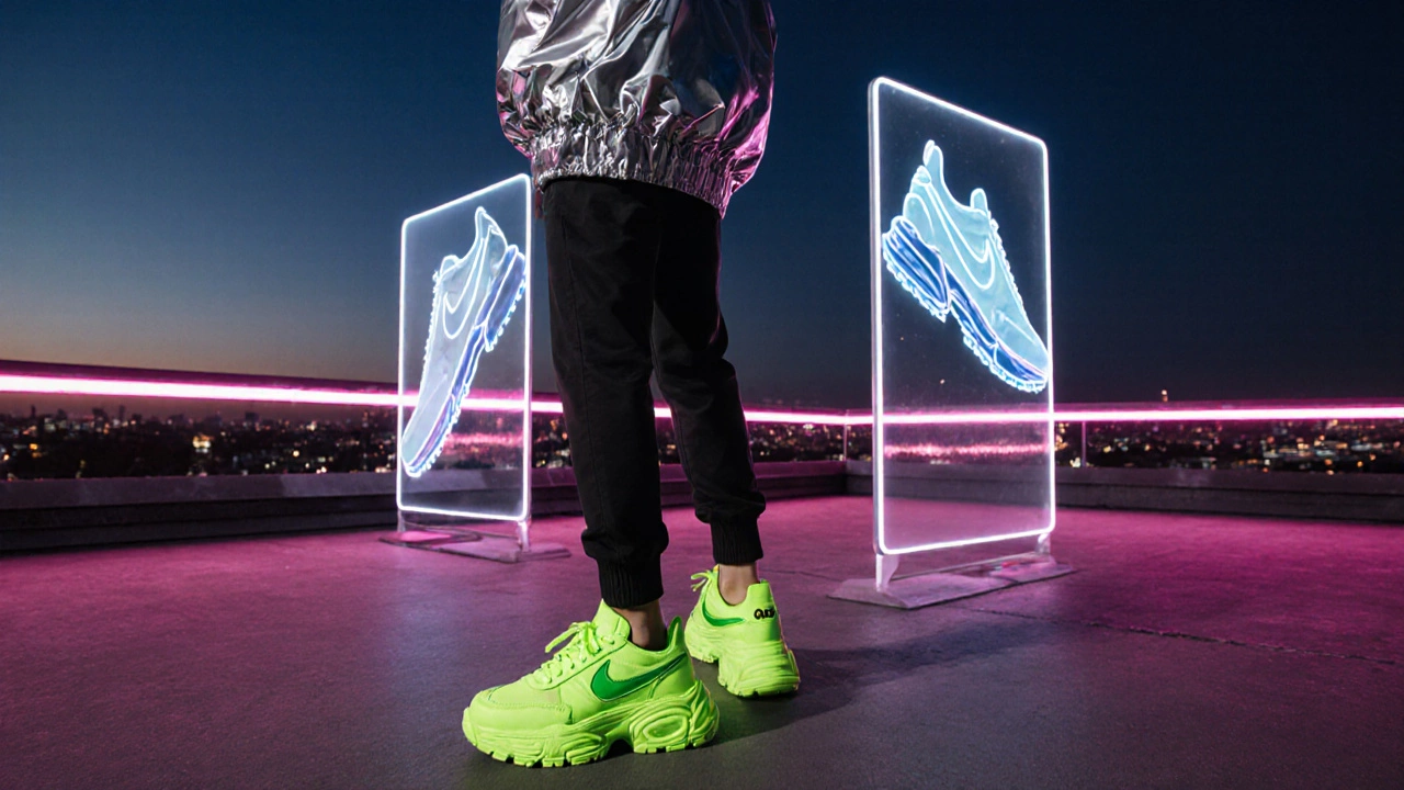 Rooftop at dusk showing a model in neon chunky trainers made from recycled material.
