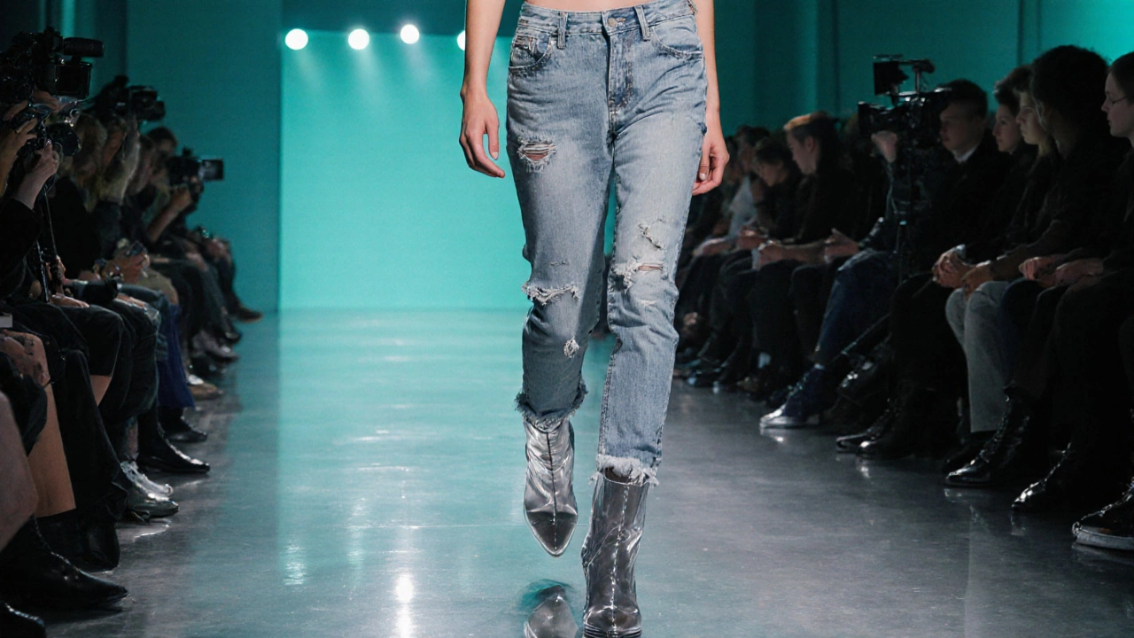 Runway model wearing light‑wash skinny jeans and clear PVC tall boots under teal lighting.