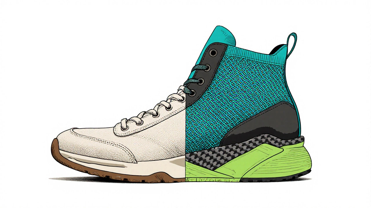 Split view comparing canvas sneaker lacking midsoles to modern trainer with foam and mesh.