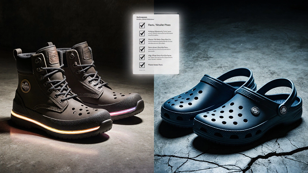 Split view of OSHA‑approved shoes versus a Croc with a floating safety checklist.