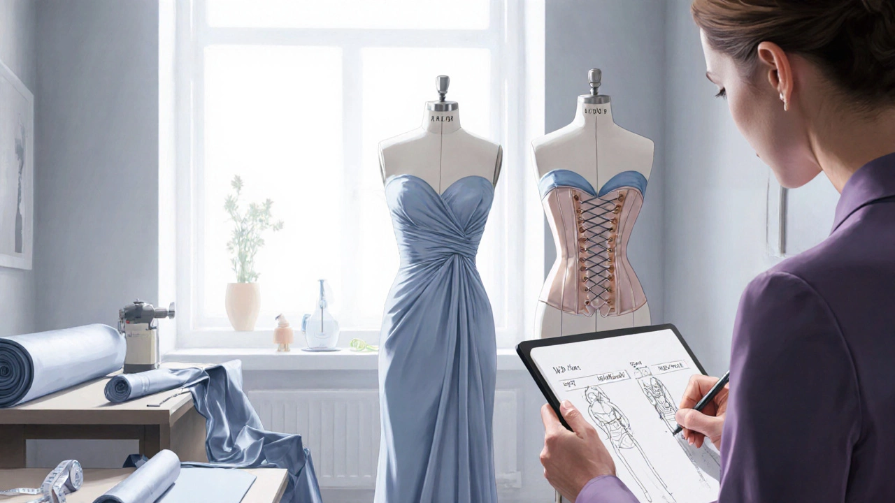 Tailor&#039;s studio with a mannequin shaped like Kate, fabric and measurements displayed.