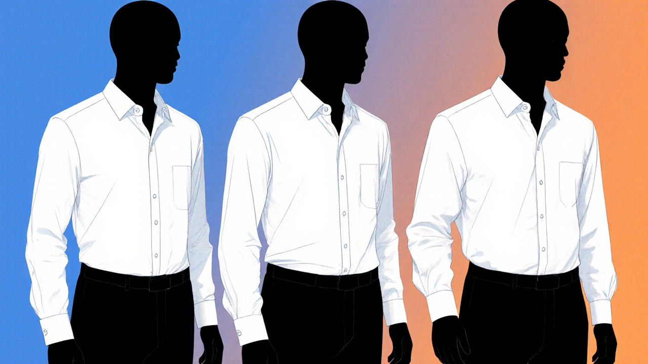Three shirt silhouettes showing slim, regular, and relaxed fits on mannequins.