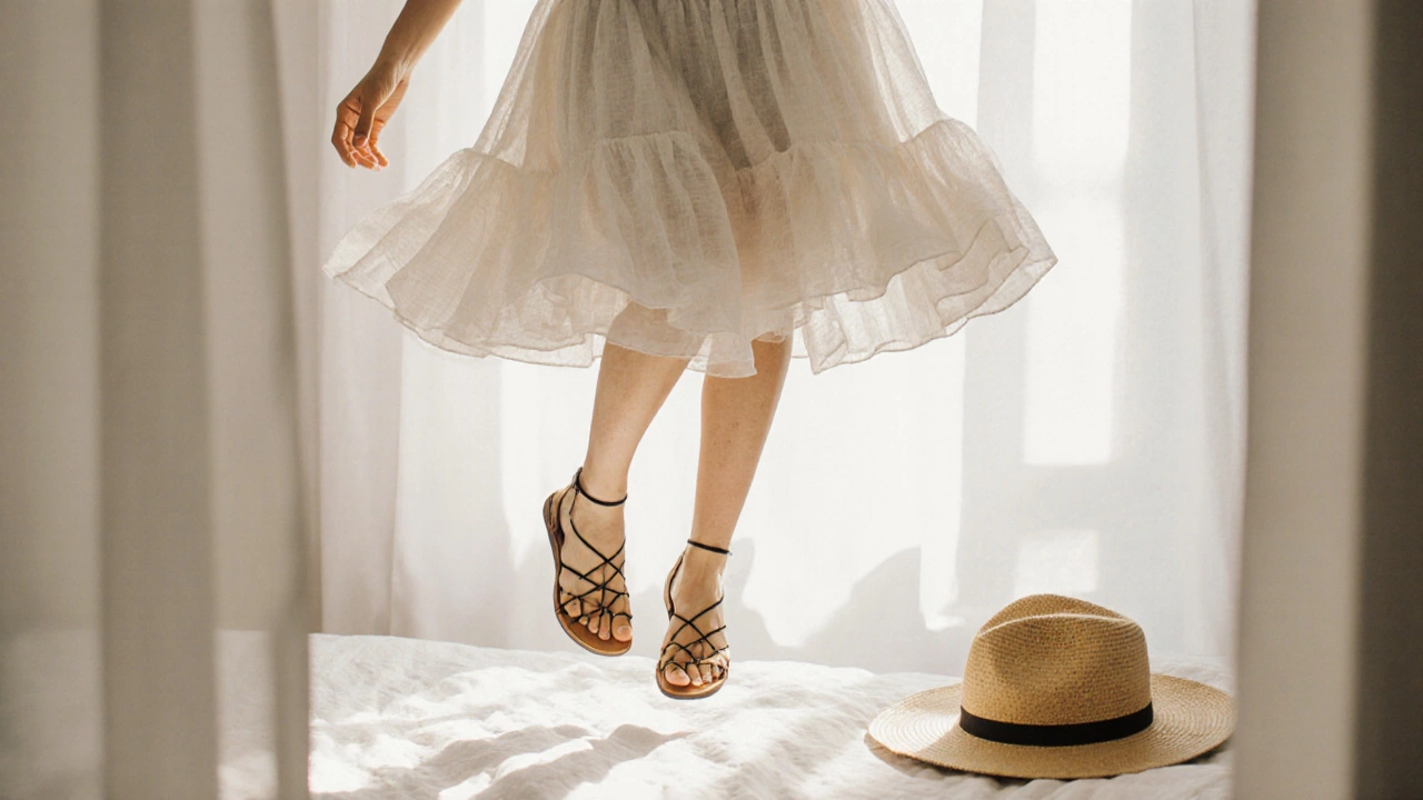 Tiered cotton skater dress floating mid-air with sandals and hat nearby in sunlit bedroom.