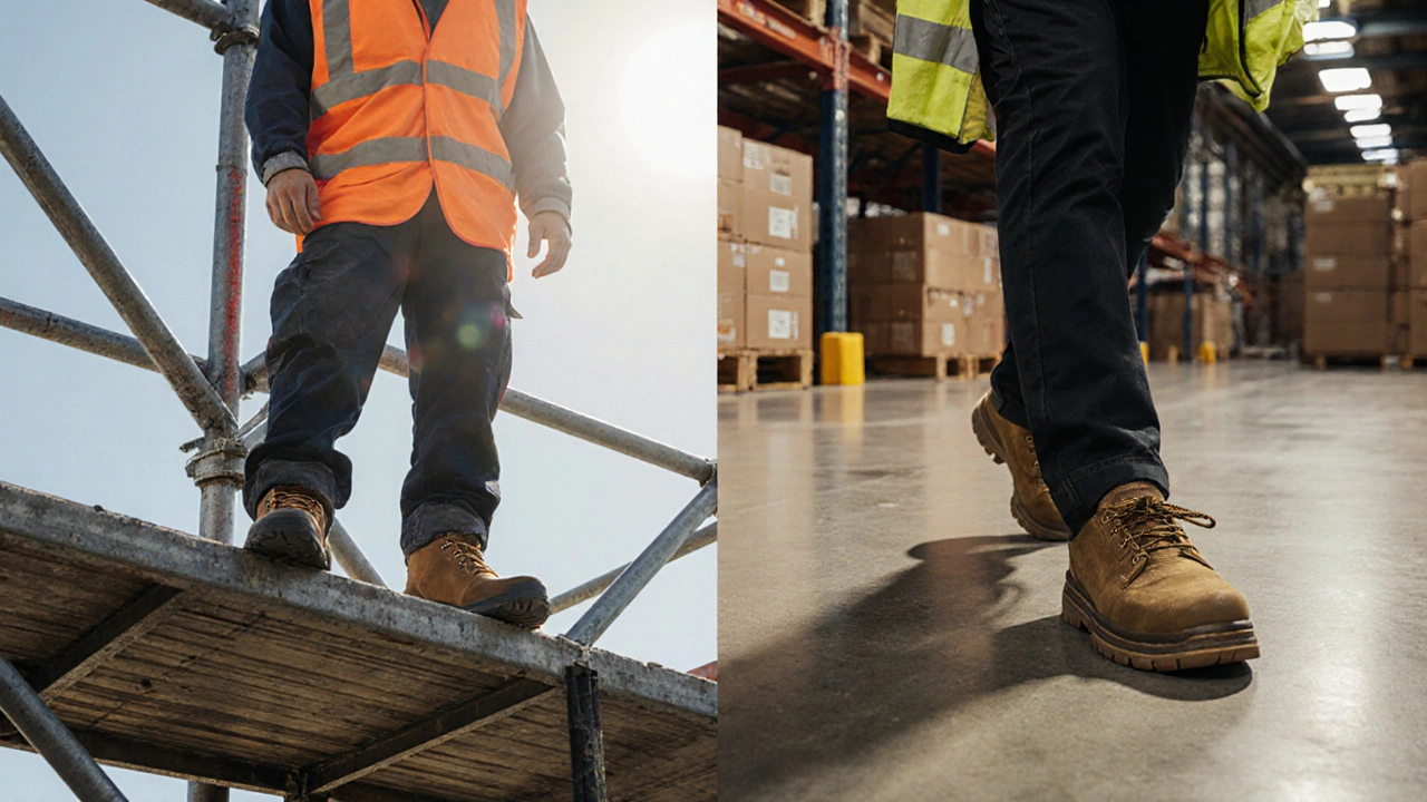 Two workers in different settings: construction with safety boots and warehouse with work shoes.