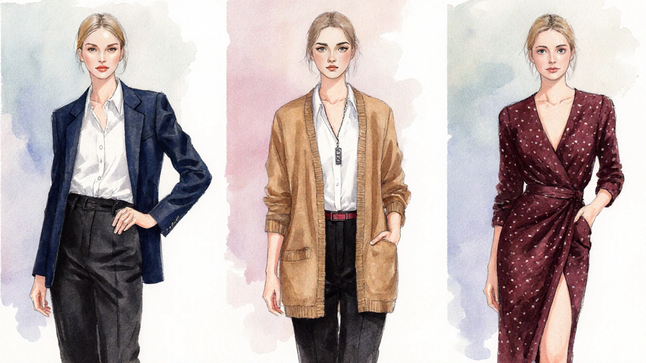Watercolor illustration of three outfit changes: office blazer, cardigan, and wrap dress.