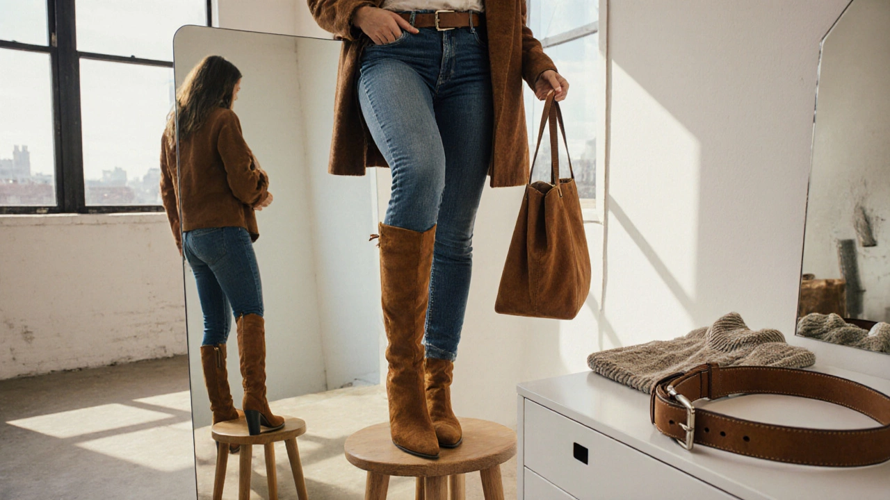 Woman checking the fit of skinny jeans with caramel suede tall boots in a bright loft.
