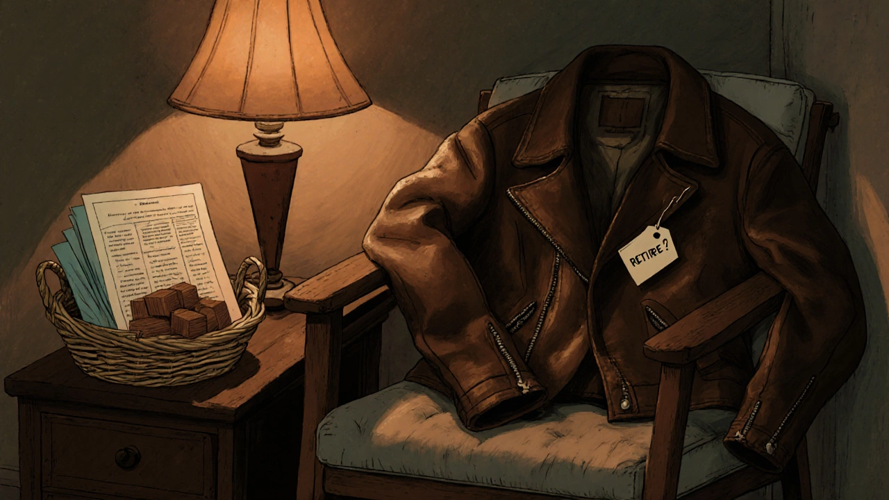 Worn leather jacket on a chair with cedar blocks and a capsule‑wardrobe plan nearby.