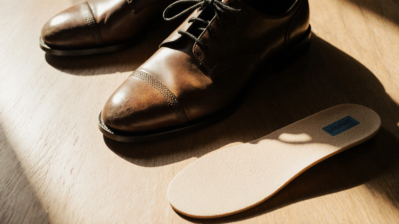 Worn leather shoes with removed orthotic insoles on wooden floor