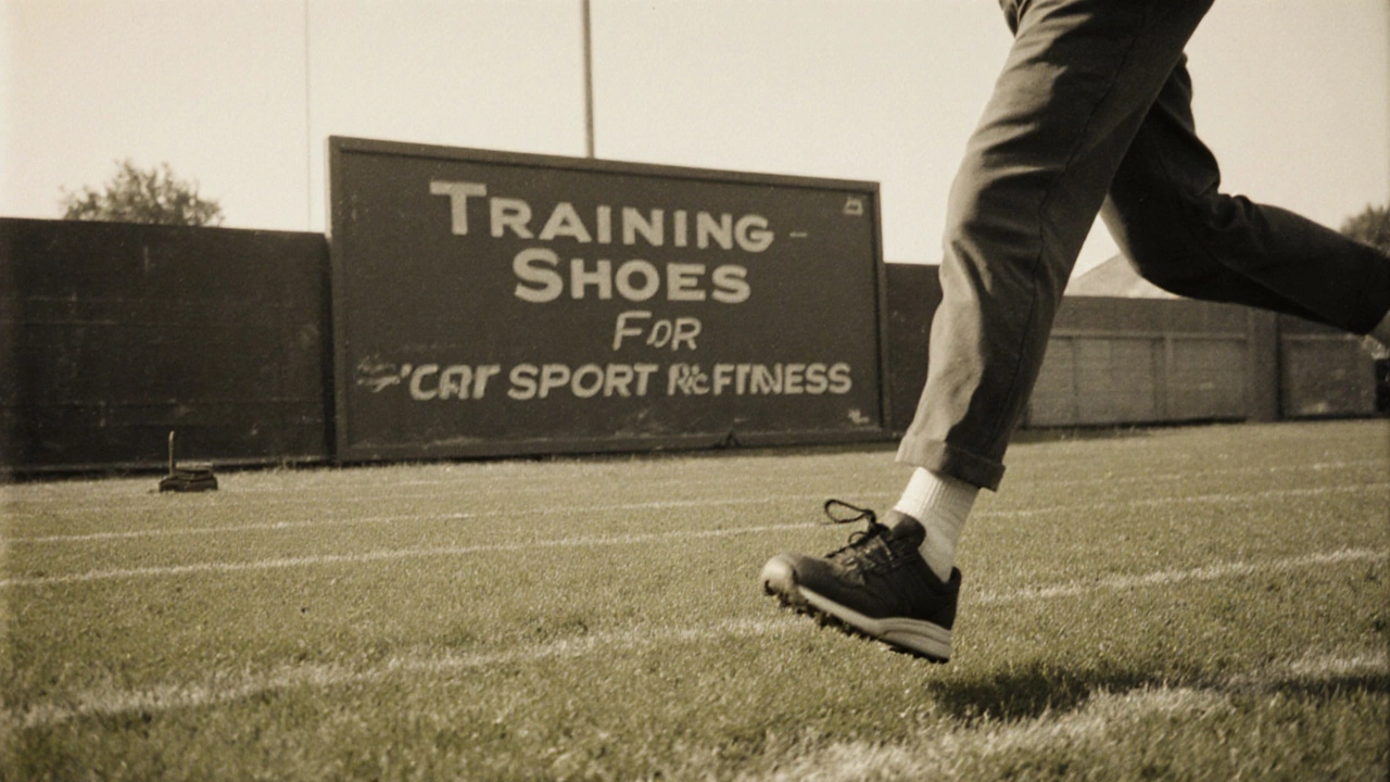 A 1950s British man jogging in classic athletic shoes on a grass track.