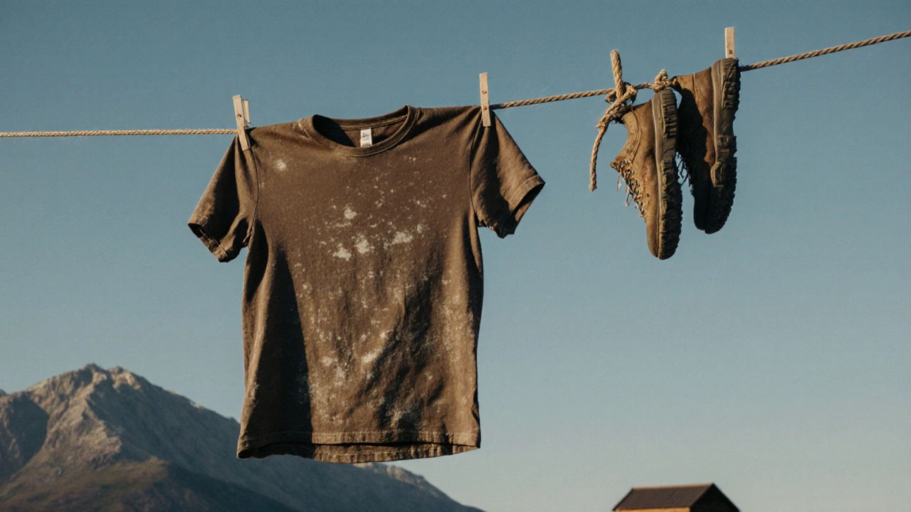 A faded brown t-shirt hangs on a clothesline with hiking boots nearby under a clear sky.
