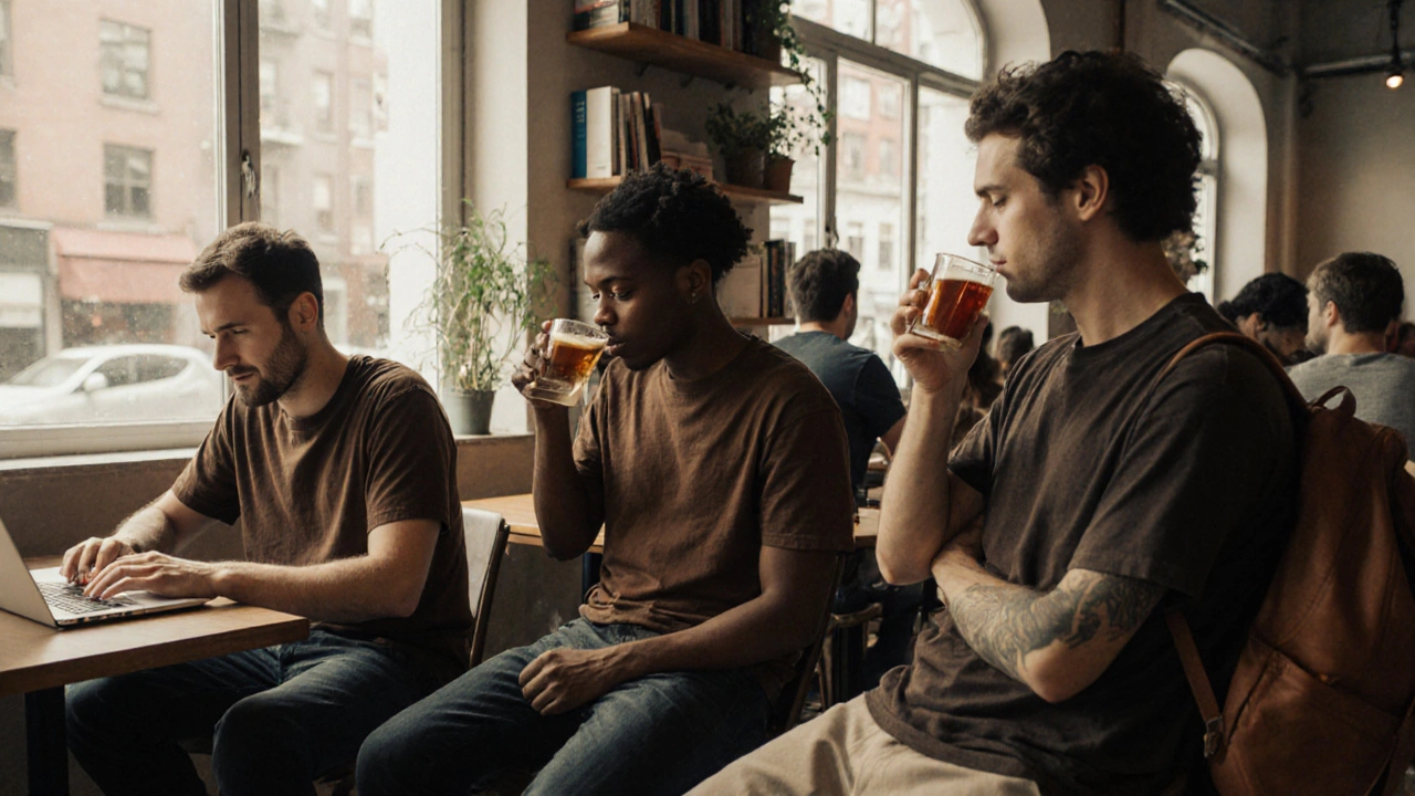 A group of diverse people in brown t-shirts casually interact in a sunlit café.