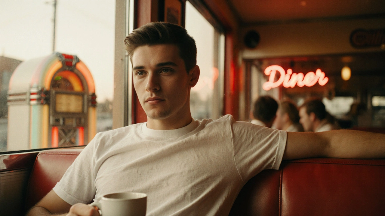 A man in a white T-shirt leaning against a 1950s diner booth in golden light.