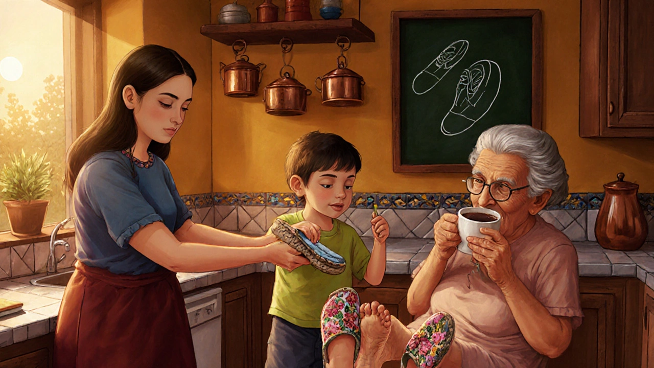 A Mexican mother giving clean slippers to her child in a warm kitchen.