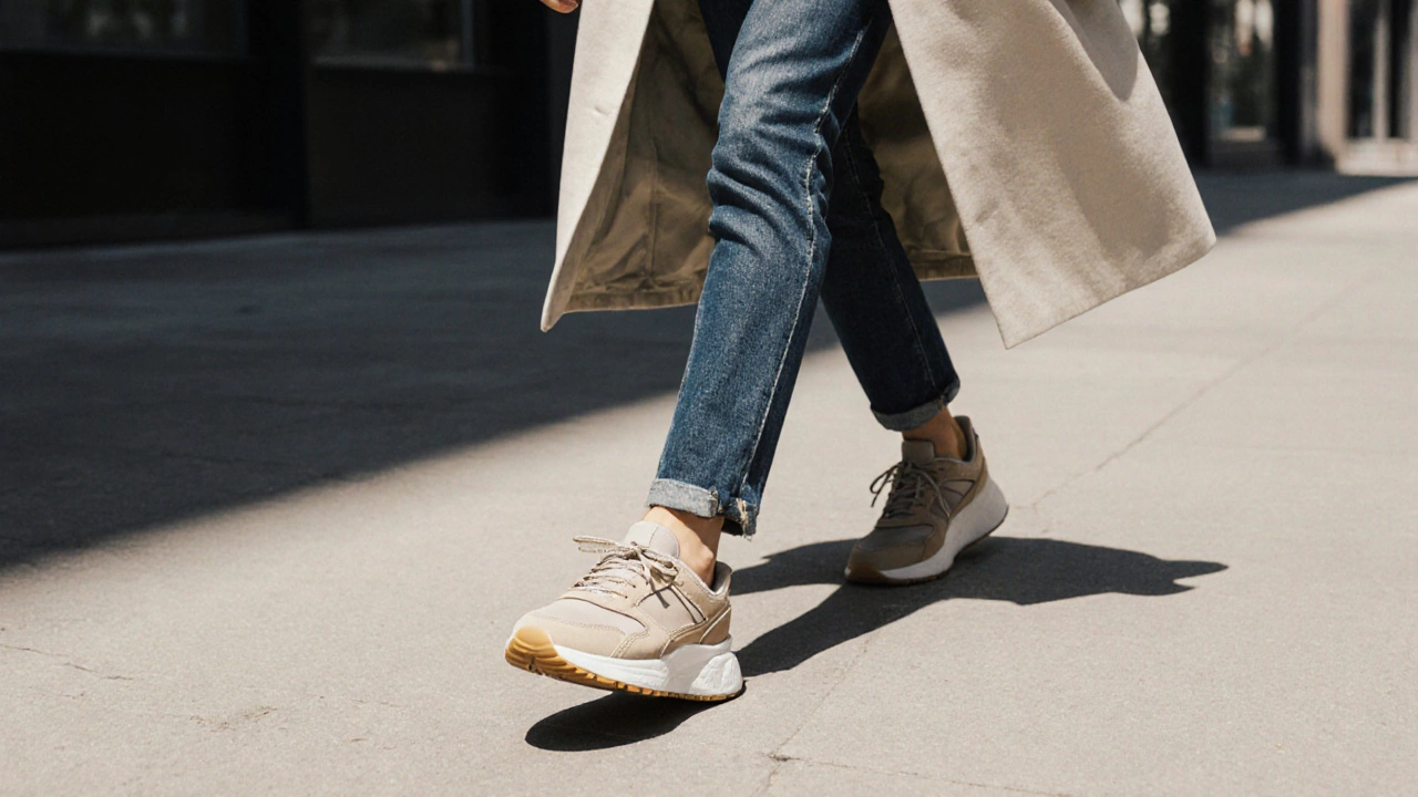 A person walking in urban setting wearing neutral trainers with casual clothes.