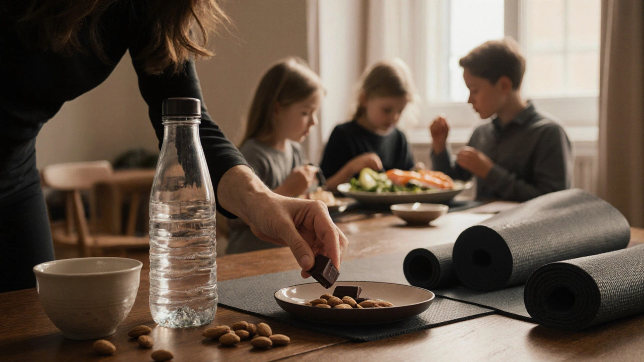 A quiet arrangement of dark chocolate, almonds, and a water bottle symbolizing mindful eating habits.