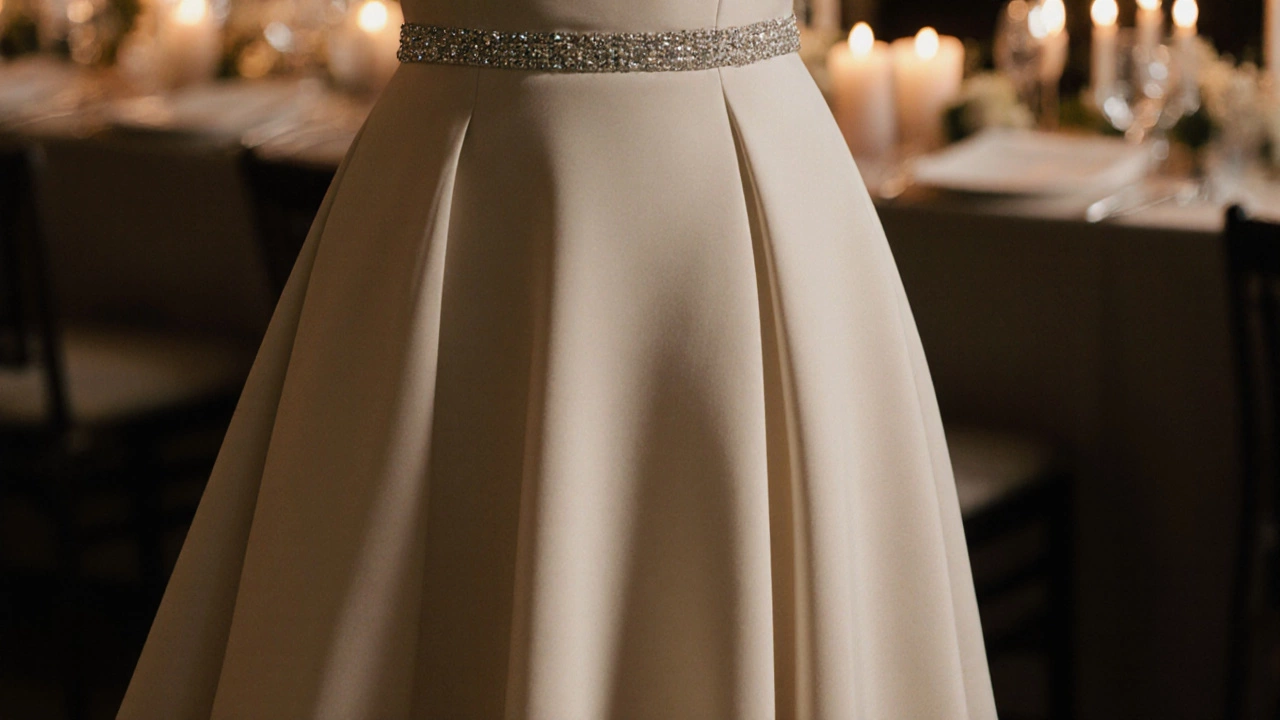 Close-up of a silk charmeuse dress with crystal beads along the hem, lit by candlelight.