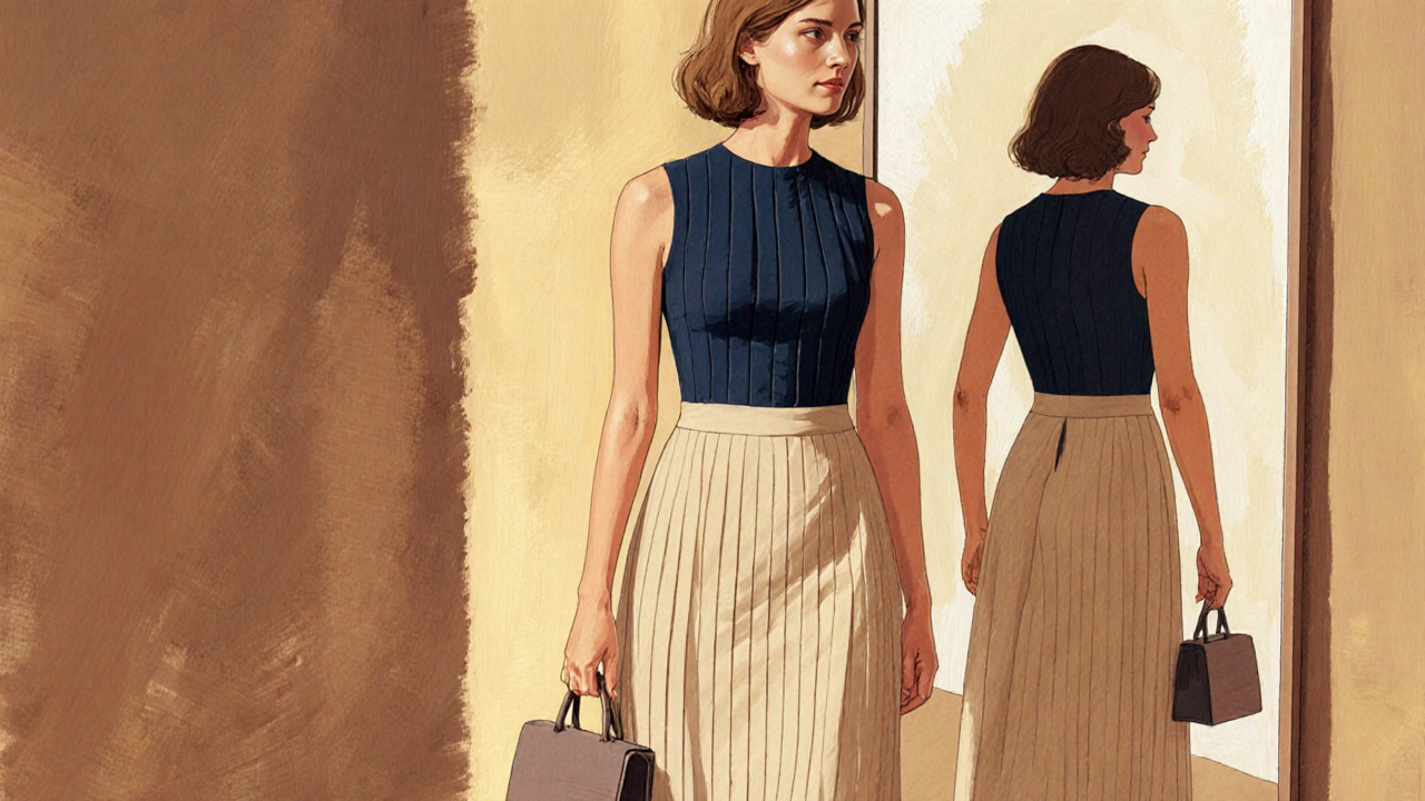 Color-blocked dress with dark top and light skirt, creating a slimming visual effect.