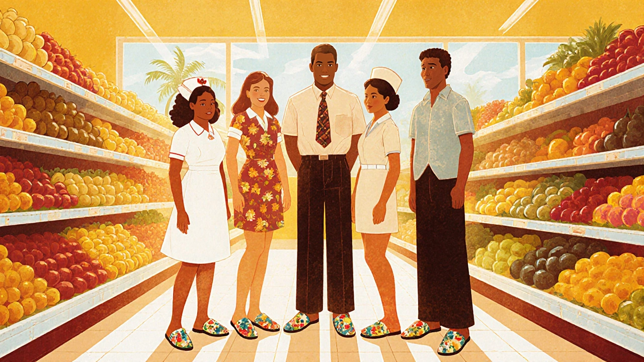 Diverse Hawaiian professionals wearing traditional floral slippers in a grocery store.