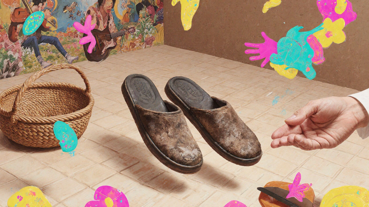 Floating traditional Mexican slippers surrounded by cultural symbols.