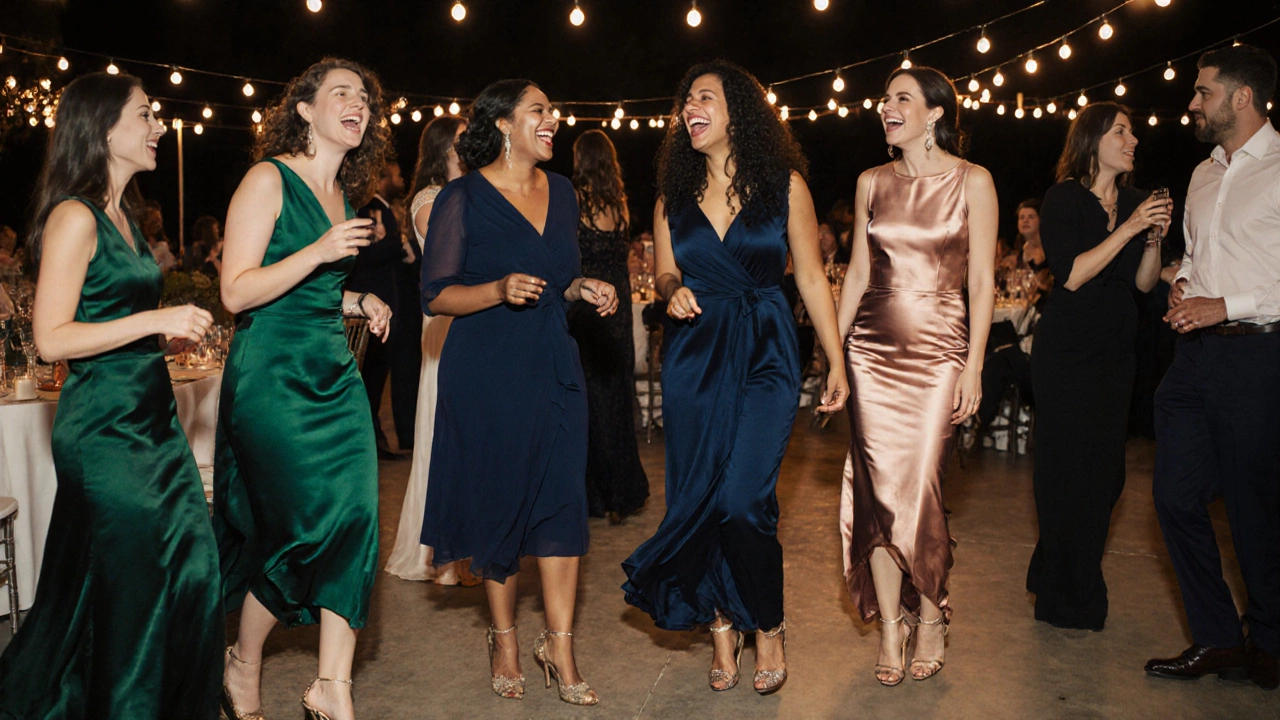 Group of women in elegant knee-length formal dresses at a wedding reception under string lights.
