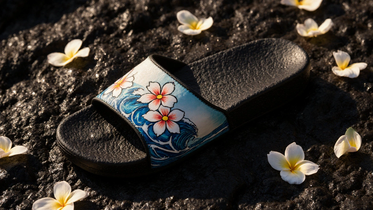Handcrafted Hawaiian slippers with floral designs resting on lava rock under sunlight.