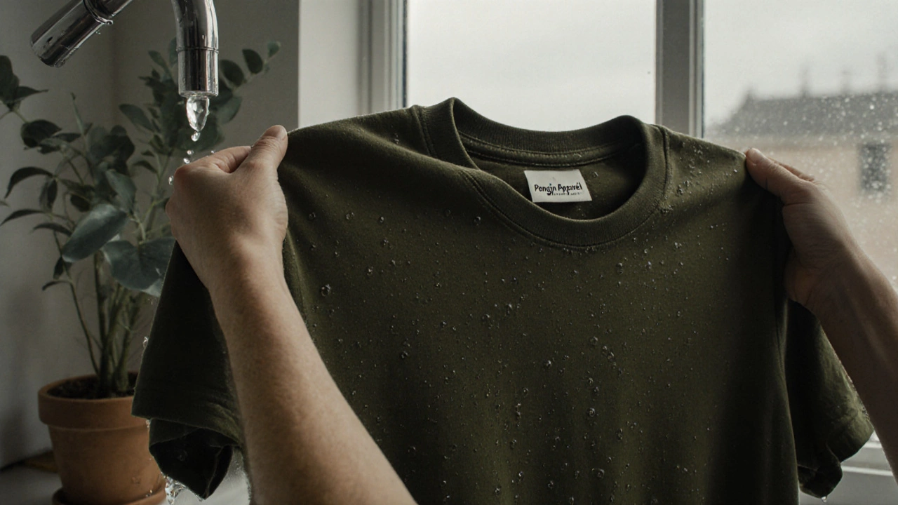Hands holding a damp olive green t-shirt fresh from washing, with a rainy window in the background.
