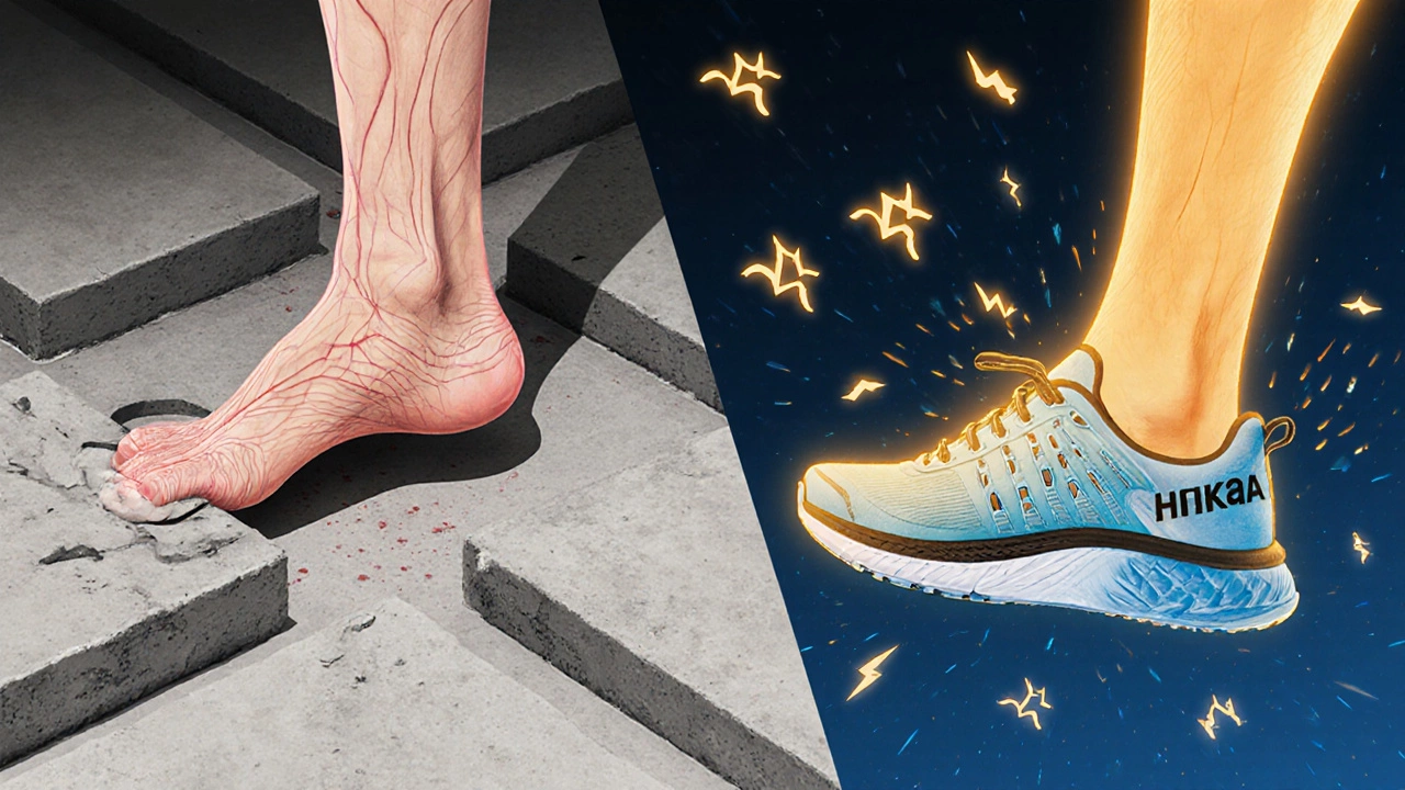 Illustration comparing crushed foot without support versus foot cushioned by advanced shoe technology.