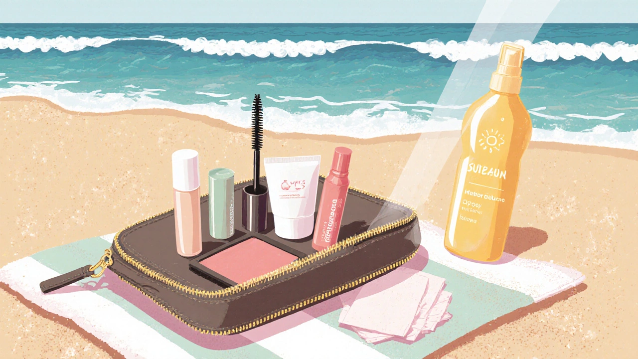 Minimalist summer makeup essentials laid out on a beach towel with sunscreen and lip balm.
