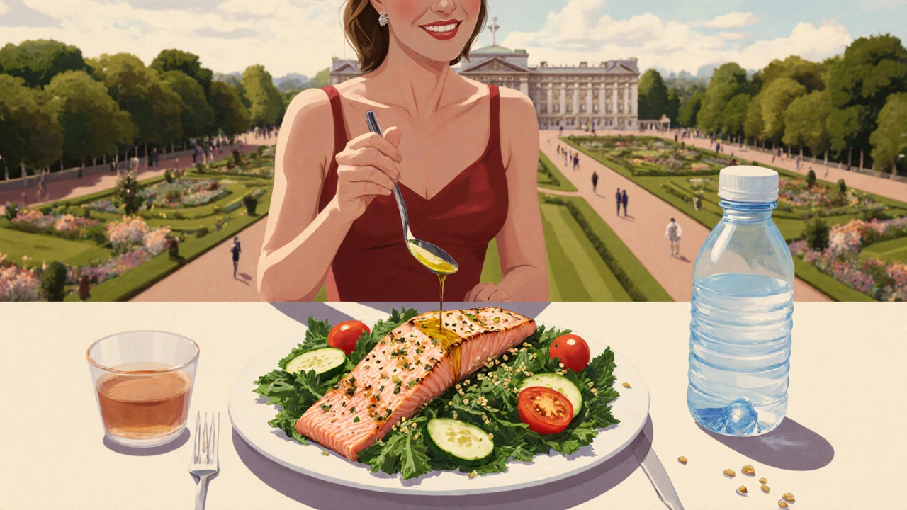 Princess Kate eating a fresh grilled salmon salad on a palace terrace with a reusable water bottle.