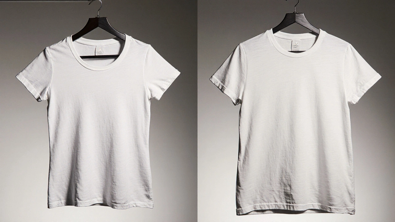Side-by-side comparison of a tight women&#039;s tee and a loose men&#039;s tee on hangers, highlighting fit difference.